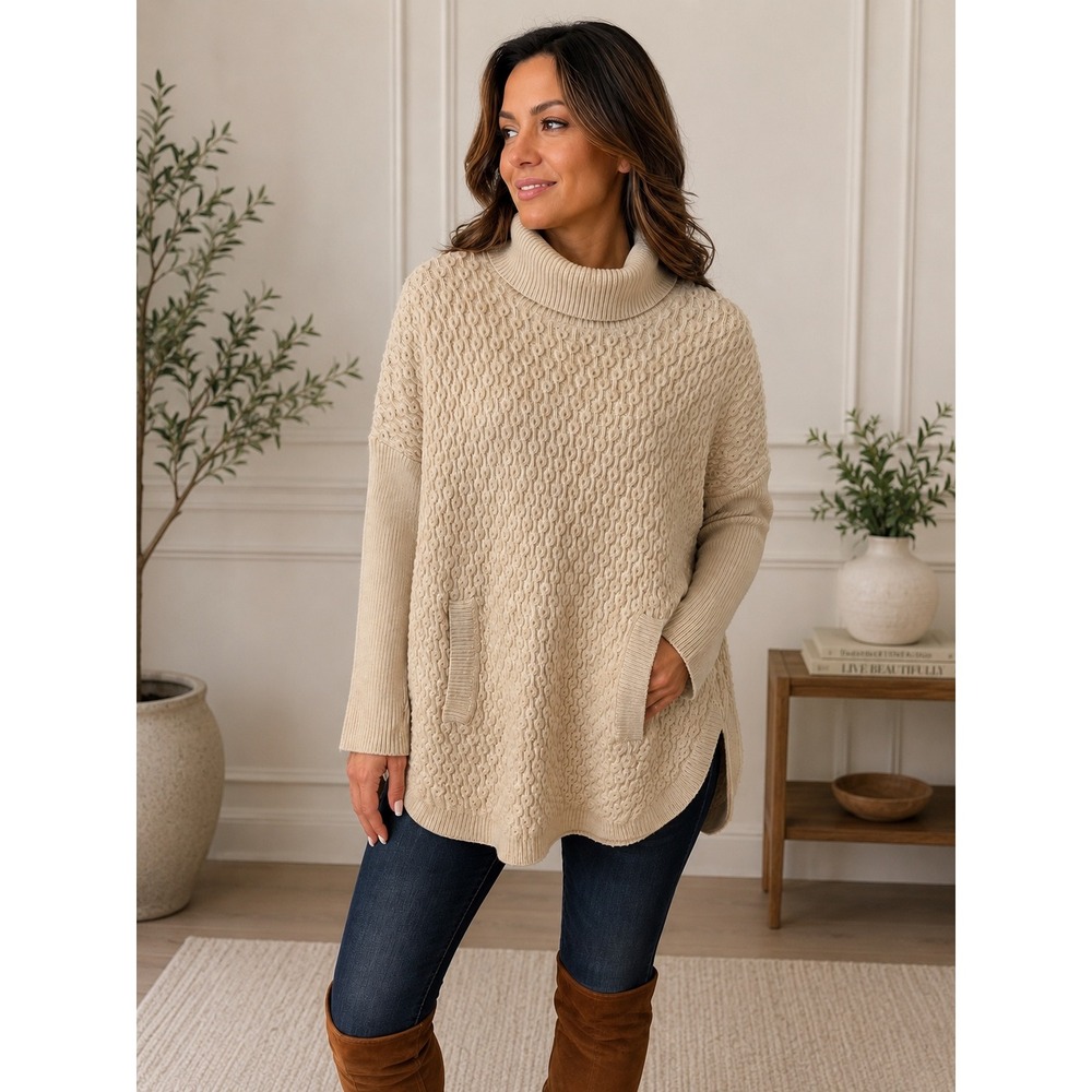 J. Jill Womens Oatmeal Beige Honeycomb Knit Turtleneck Tunic Sweater Pockets S